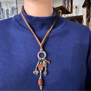 Bohemian Style Brown Suede Cord Necklace with Silver and Gem